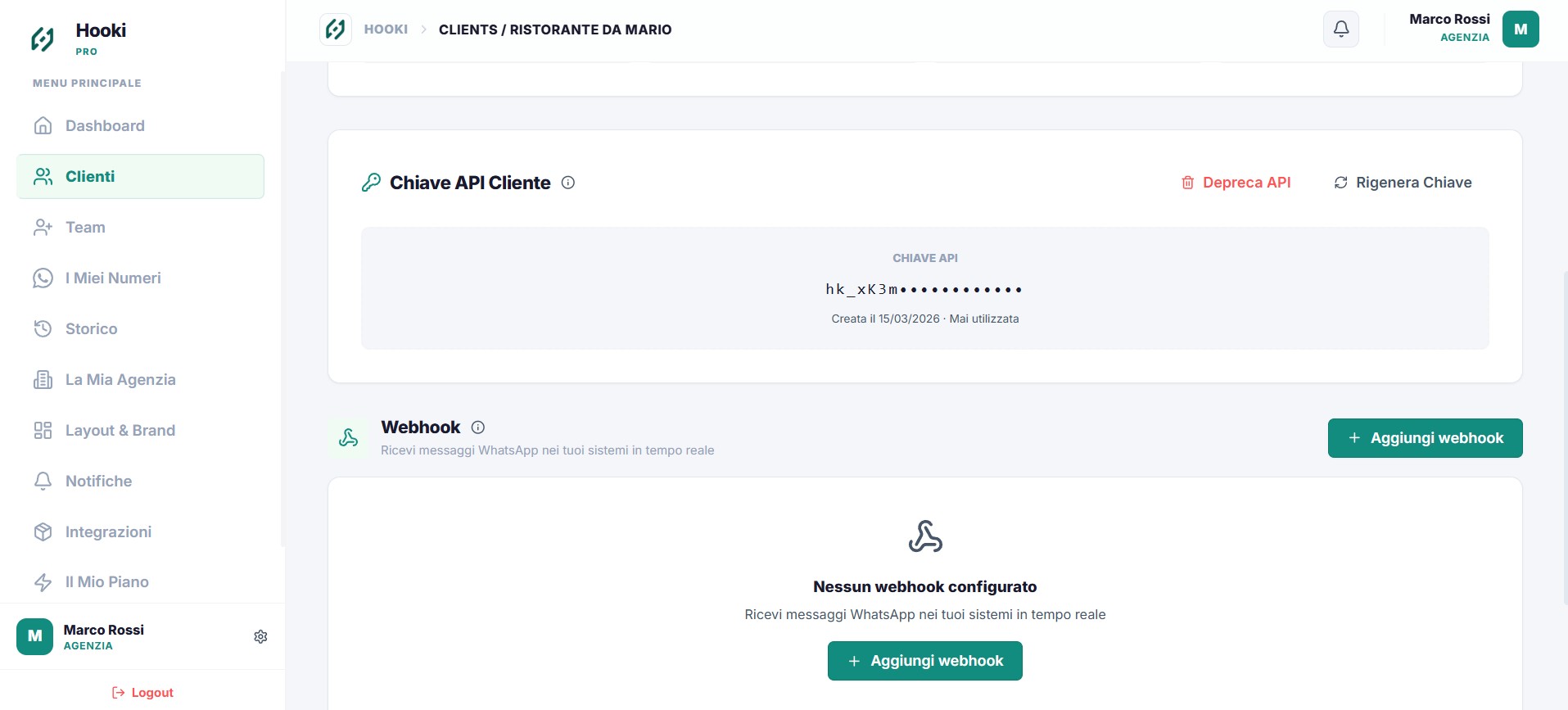 Hooki Pro — API REST e webhook, integrazione con sistemi esterni